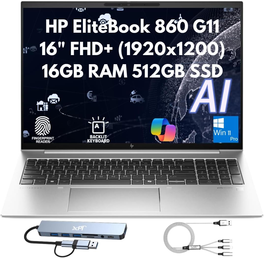 HP EliteBook 860 G11 AI Ready Business Laptop, 16" FHD+ WUXGA, Intel 12-Core Ultra 5 125U (Beats i5-1335U), 16GB RAM, 512GB SSD, Fingerprint Reader, Copilot Win 11 Pro (Renewed)