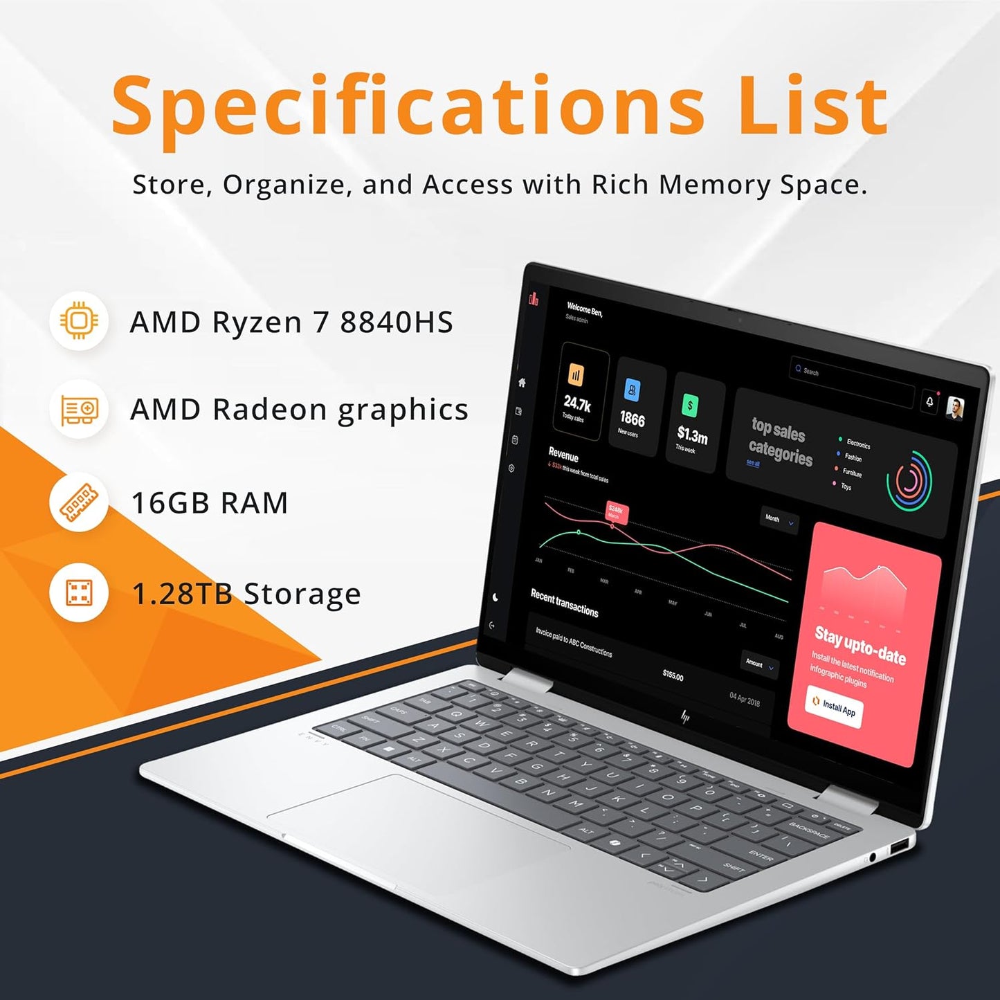HP Envy x360 2-in-1 14" WUXGA Touchscreen Laptop, AMD Ryzen 7 8840HS, 16GB LPDDR5, 1TB Storage, Backlit KB, Privacy Camera, Wi-Fi 6E, Win 11 Pro, Silver(Open Box)